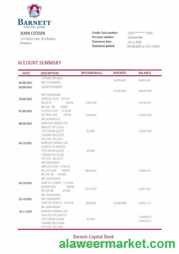 Dominica Barnett Capital bank statement template in Word and PDF format